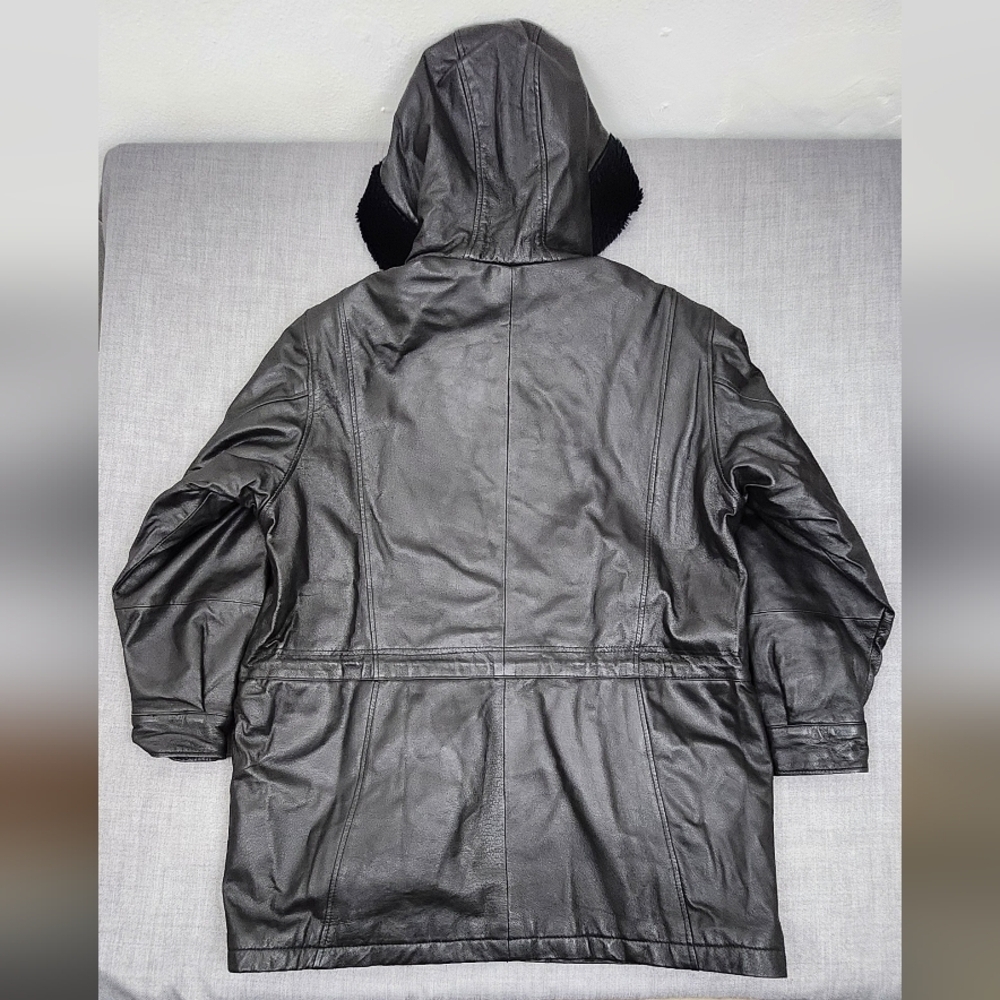 Liz Baker Essentials Mid-Length Black Leather Coat With Hood.  XL - Picture 5 of 9